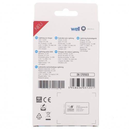 alimentator usb bricheta auto cu cablu lighting 2 iesiri 24a negru well 2