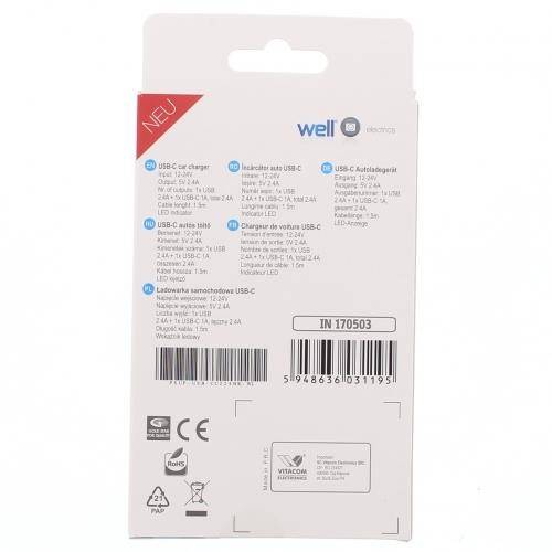 alimentator usb bricheta auto cu cablu usb c 2 iesiri 24a negru well 2