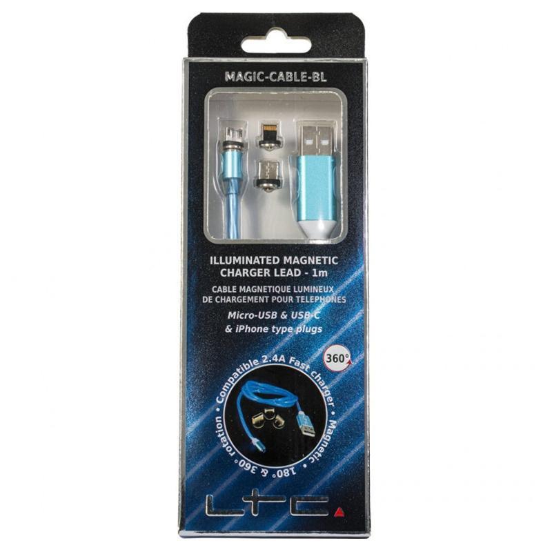 cablu 1m 3in1 usb type c iphone micro usb iluminat led albastru 3