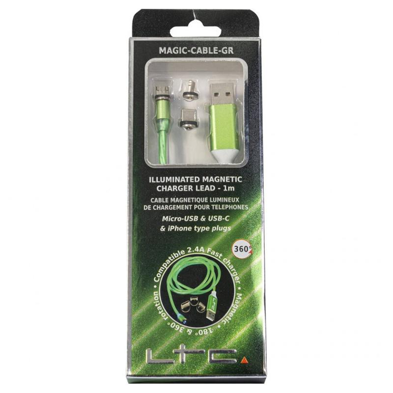 cablu 1m 3in1 usb type c iphone micro usb iluminat led verde 3