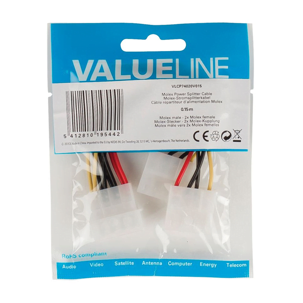 cablu adaptor intern pc sursa molex tata 2x molex mama 015m valueline 1