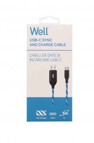 cablu de date incarcare usb type c 1m 3a well cu flux lumina albastra 2