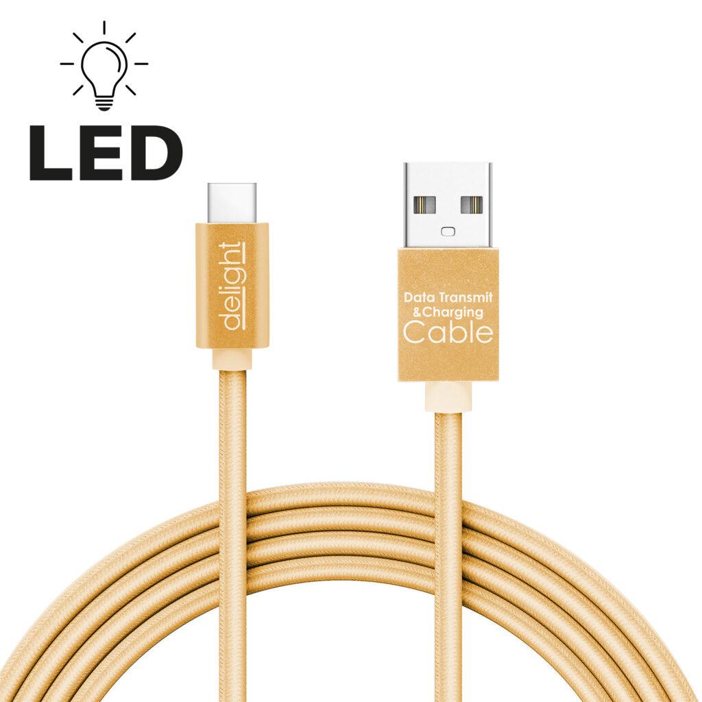 cablu de date si incarcare usb type c cu lumina led auriu 1m delight