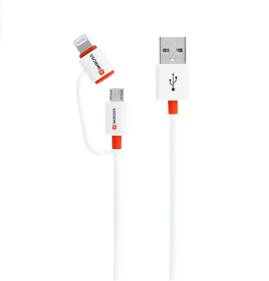 cablu usb skross essentials line 2 in 1 cu conector micro usb lightning alb 1m