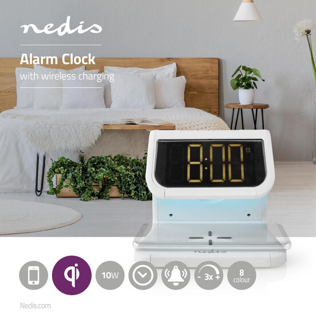 ceas cu alarma nedis incarcator wireless qi lumina multicolora alb 15