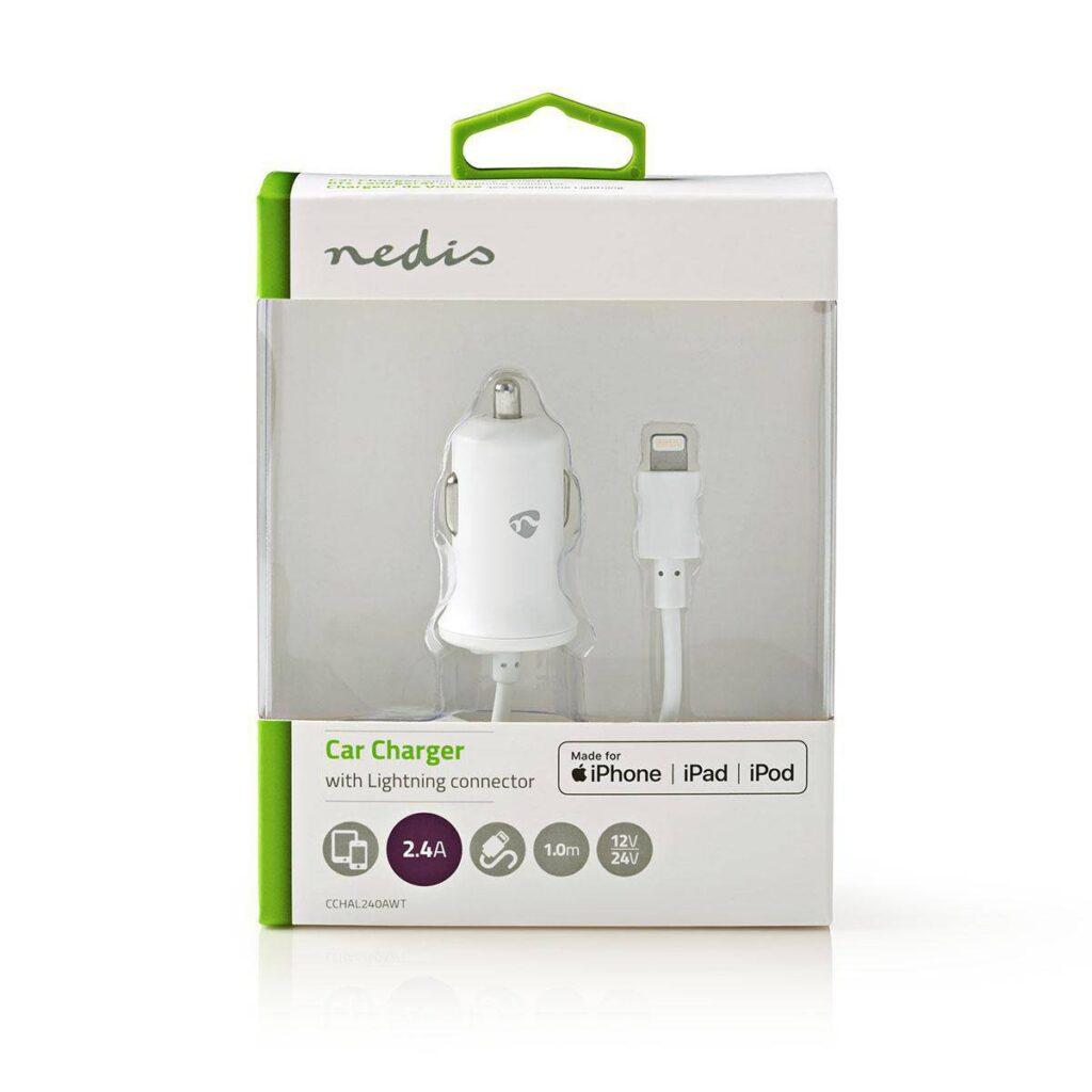 incarcator auto 12v apple lighting 24a certificat mfi alb 1m nedis 2