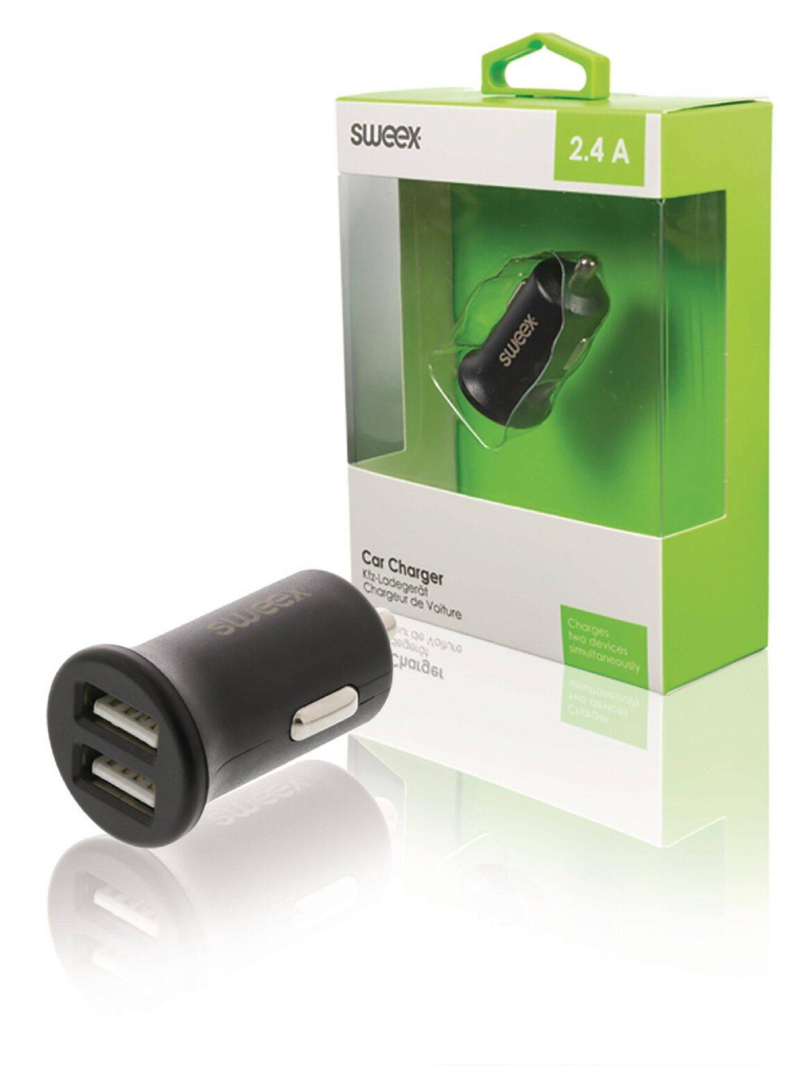 incarcator auto 2x usb 24a negru sweex scaled