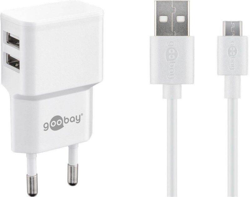 incarcator de retea dual 2x usb cu cablu micro usb 24a alb goobay