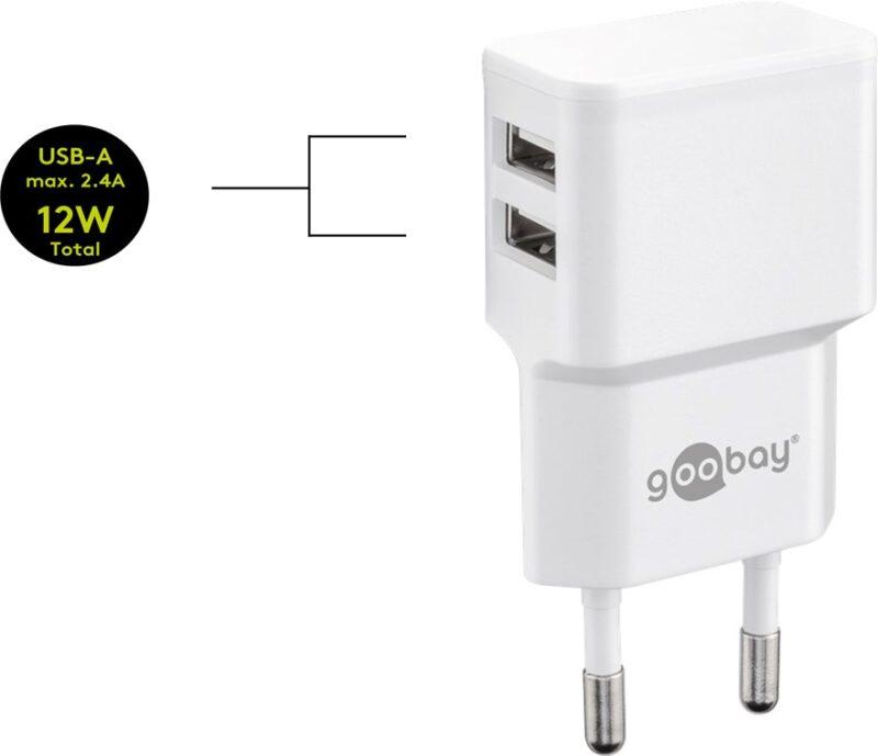incarcator dual apple lightning usb 24a 12w 1m alb goobay 2