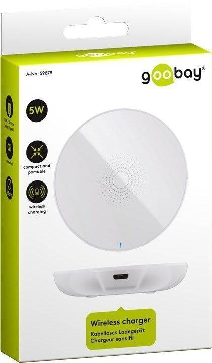 incarcator fara fir wireless 5w 1a alb pentru dispozitive standard qi goobay 5