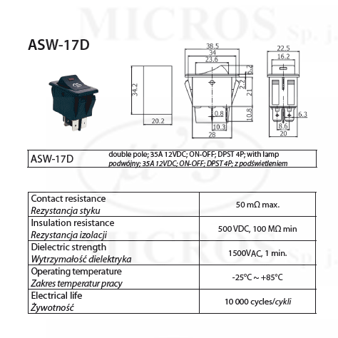 intrerupator cu bec pentru far auto asw 17 on off 4 pini 12v 35a cu retinere 2