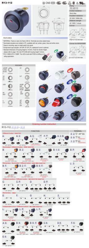 intrerupator rocker sp3t on off on 10a 250vac pozitii 3 cu retinere 50mohm sci r13 112d bb 7d 6