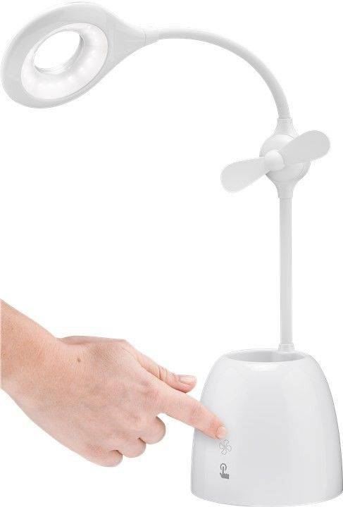 lampa de birou cu ventilator acumulator si suport de pixuri alba goobay 1