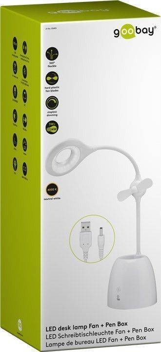 lampa de birou cu ventilator acumulator si suport de pixuri alba goobay 5