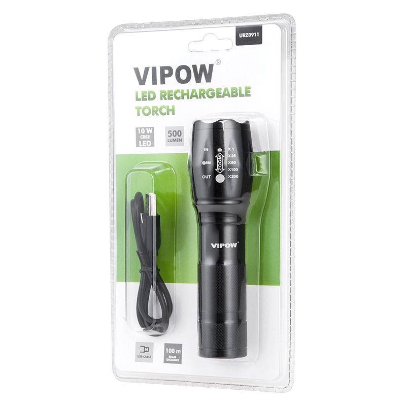 lanterna 10w led cu incarcare usb vipow 100m 375x138mm aluminiu 2