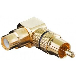 mufa adaptor rca mama la rca 90 tata inel negru metal aurit goobay