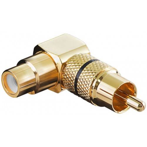 mufa adaptor rca mama la rca 90 tata inel negru metal aurit goobay