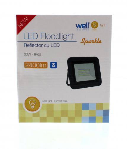 proiector led 30w 2400lm ip65 6500k alb rece carcasa aluminiu negru well 3