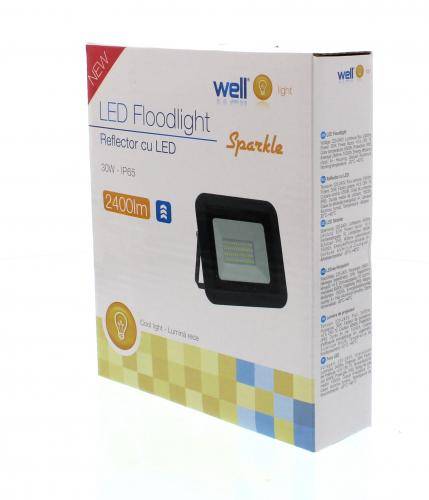 proiector led 30w 2400lm ip65 6500k alb rece carcasa aluminiu negru well 4