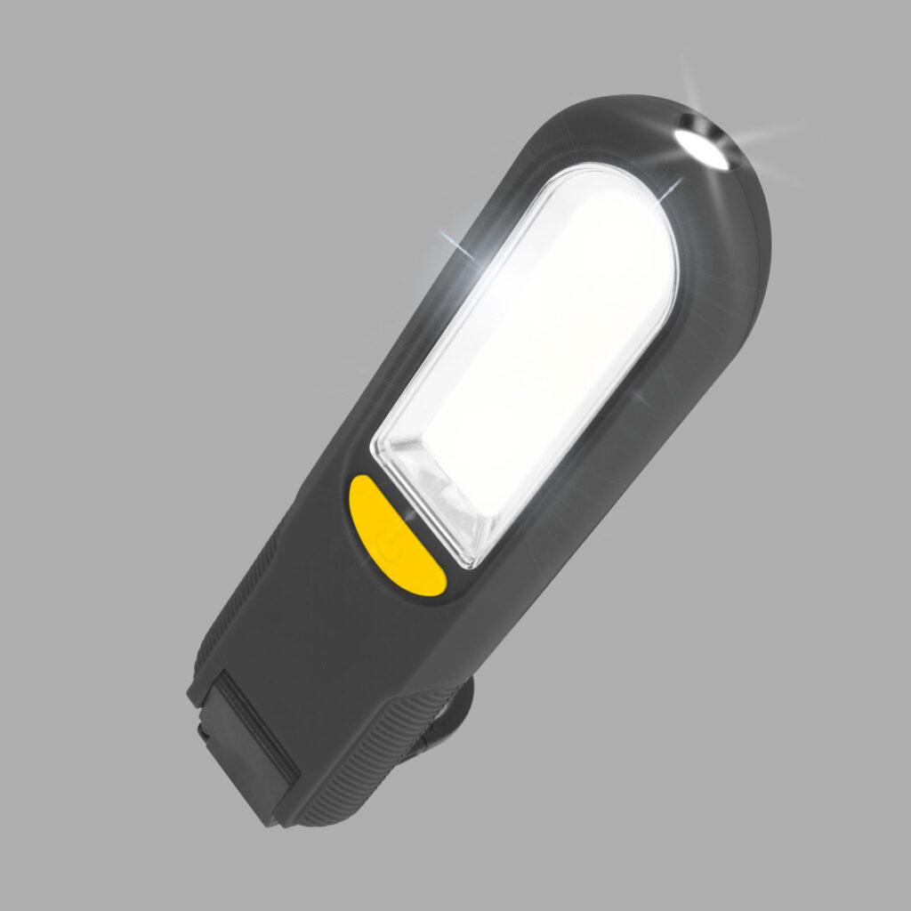 reflector din sticla led cob smd 3w 20 300lm 3x aaa cu carlig magnet si alarma phenom 1