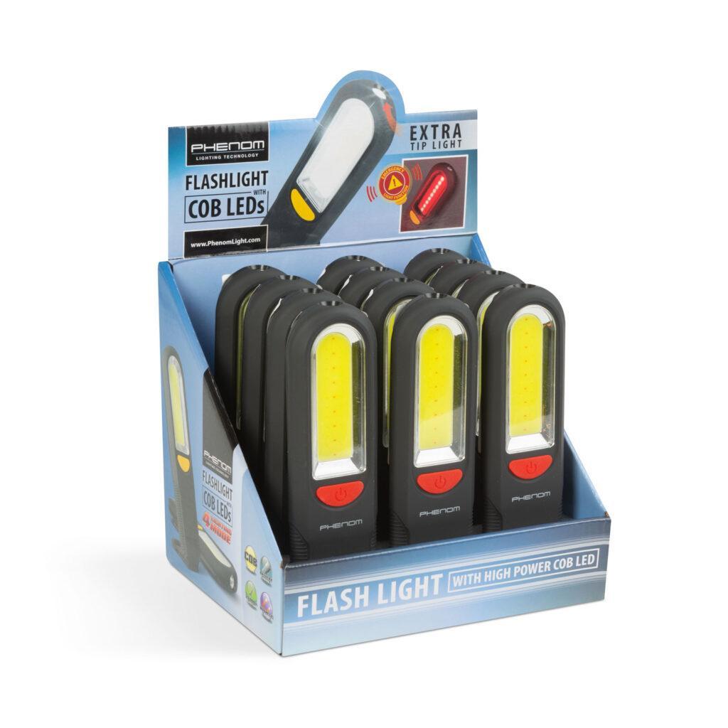 reflector din sticla led cob smd 3w 20 300lm 3x aaa cu carlig magnet si alarma phenom 3