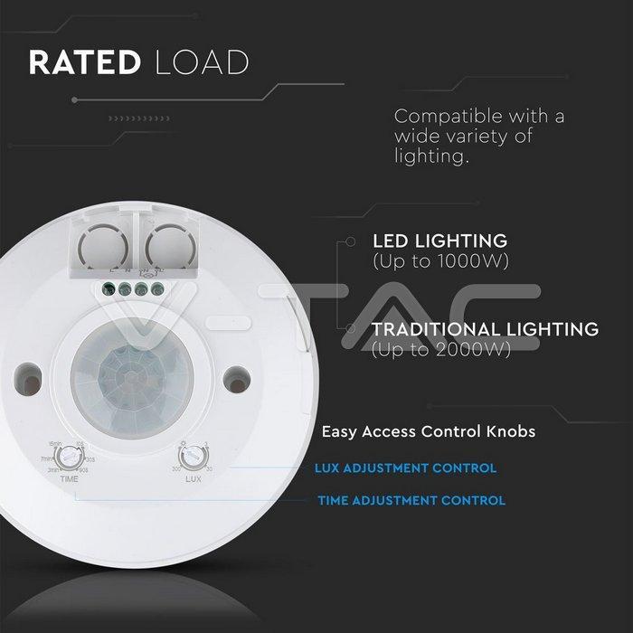 senzor miscare cu montaj pe tavan 360 grade alb max 2000w v tac 10