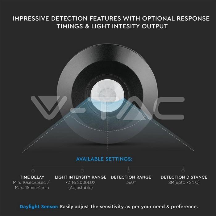 senzor miscare cu montaj pe tavan 360 grade negru max 2000w v tac 7