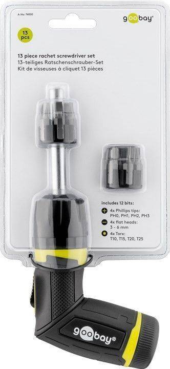 set surubelnita cu clichet 12biti crv 4x phillips ph0 ph1 ph2 ph3 capete plane 4x 3mm 4mm 5mm 6mm 4x torx t10 t15 t20 t25 goobay 4