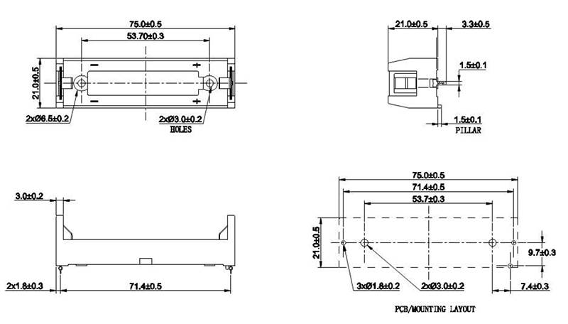 suport acumulator mr18650 x1buc pentru pcb comf bhc 18650 1p 4