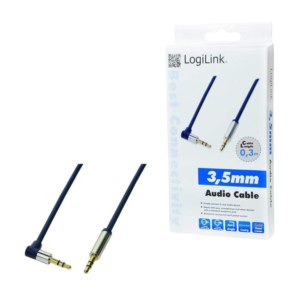 cablu audio stereo 90 grade jack 35 mm 03m tata tata aurit albastru inchis carcasa aluminiu logilink ca11030