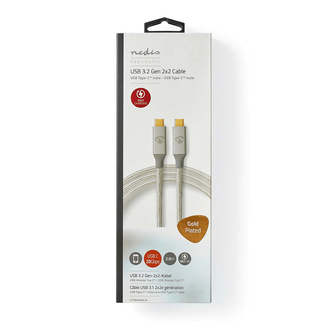 cablu usb 32 gen2x2 type c tata tata 2m 20gbps 100w 5a argintiu nedis