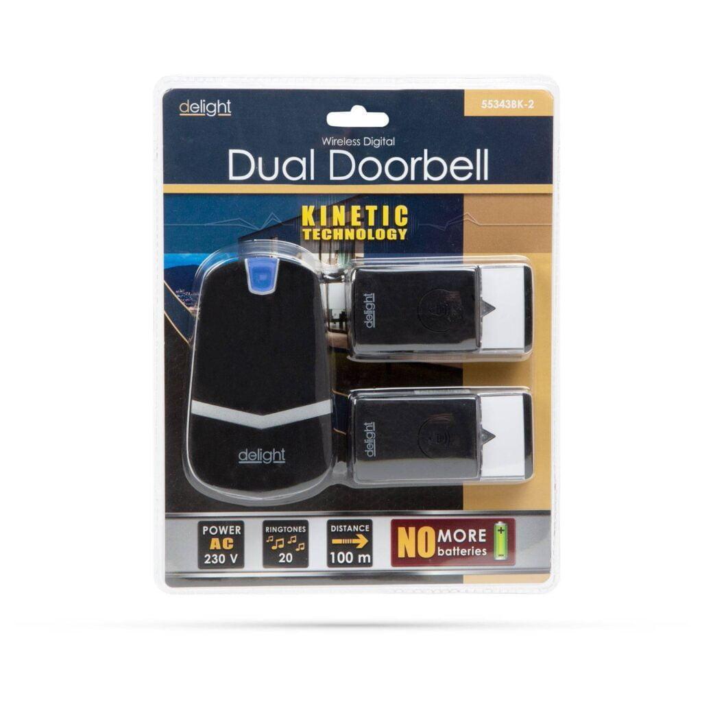 sonerie digitala neagra fara fir si fara baterie cu 2 unitati de exterior kinetic ip44 delight
