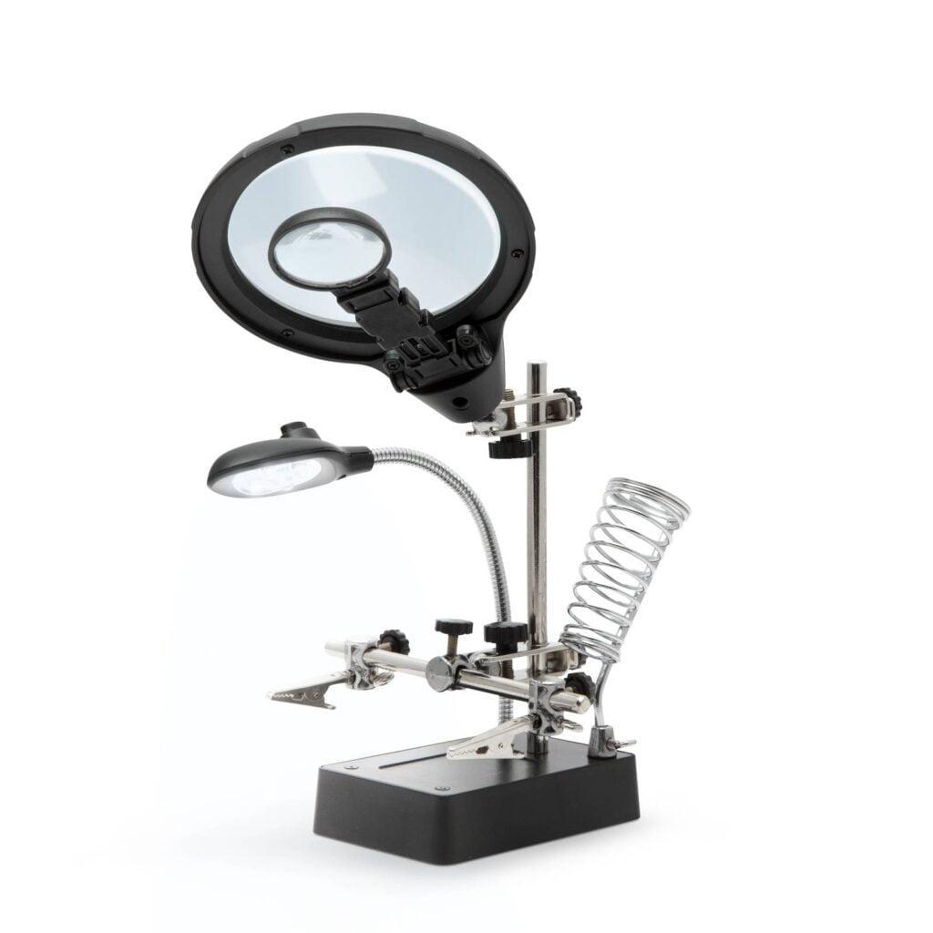 suport ci cu lupa 9 3cm iluminata 5x led 15lm si cleme crocodil fahrenheit