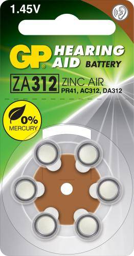 baterie auditiva zinc air gp za312 pr41 ac312 da312 79x36mm 145v 6buc
