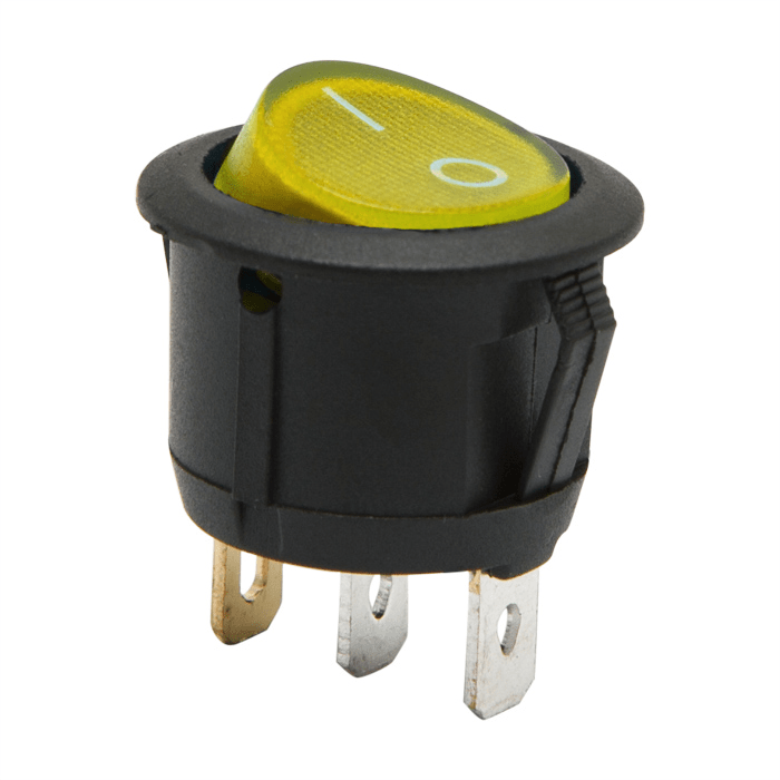 interupator basculant 1 circuit 6a 250v on off 3 pini galben cu retinere