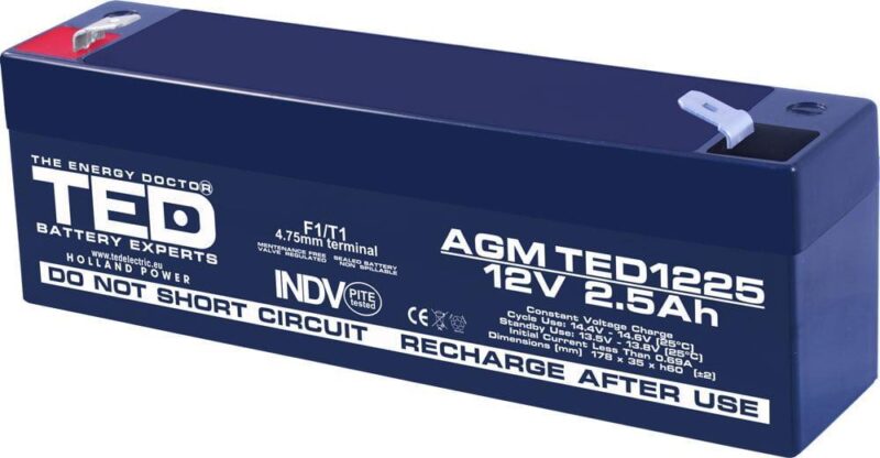 Acumulator AGM VRLA 12V 2.5Ah plumb acid 178x34x60 mm F1 terminal TED Battery Expert Holland TED003096