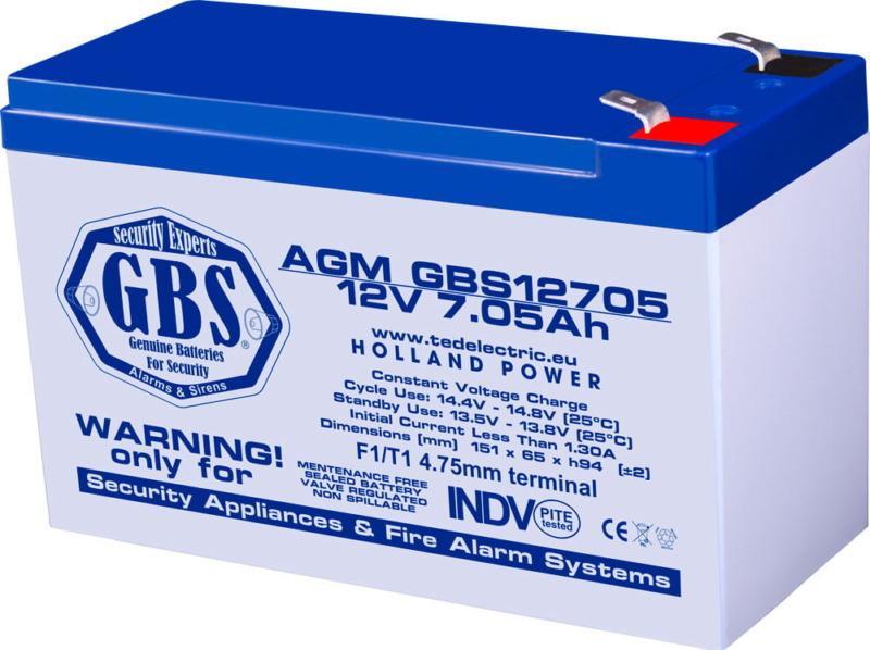 Acumulator AGM VRLA 12V 7.05Ah plumb acid pentru sisteme de securitate 151x65x95 mm F1 terminal GBS12705F1 TED002655