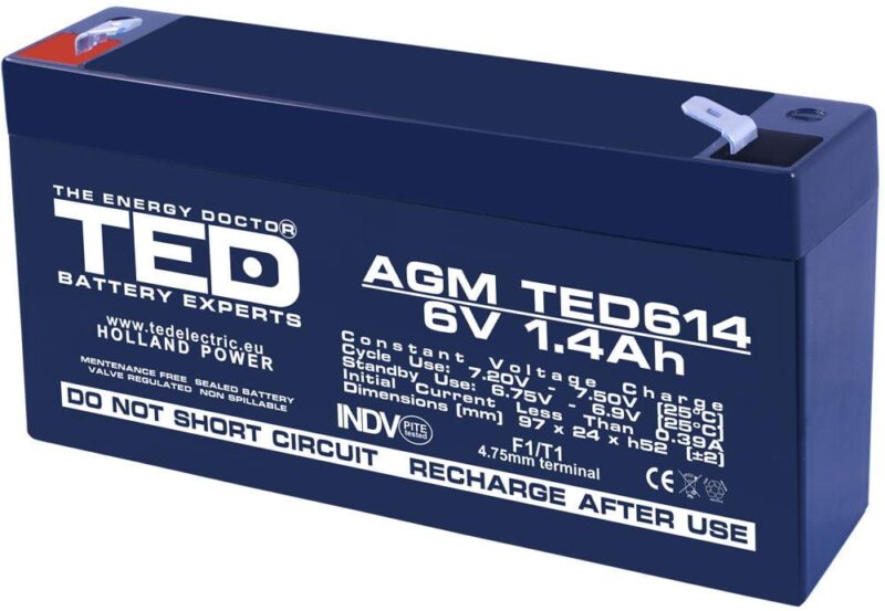 Acumulator AGM VRLA 6V 1.4Ah plumb acid 97x24x52 mm F1 terminal TED Battery Expert Holland TED002839