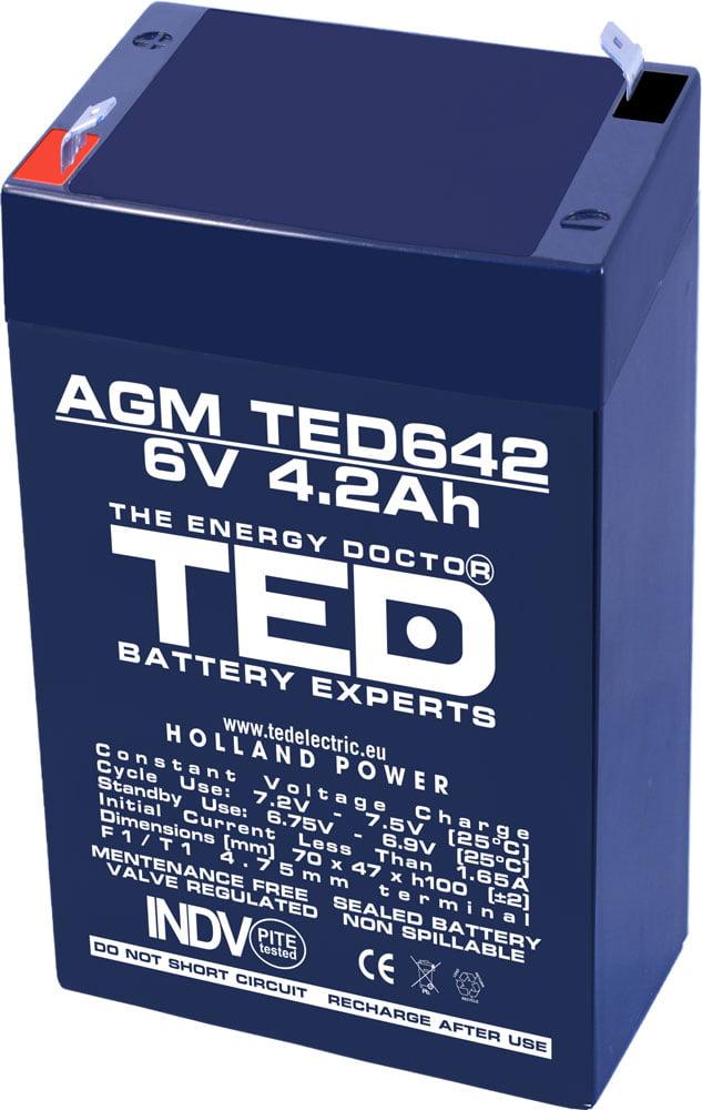Acumulator AGM VRLA 6V 4.2Ah plumb acid 70x47x100 mm F1 terminal TED Battery Expert Holland TED002914