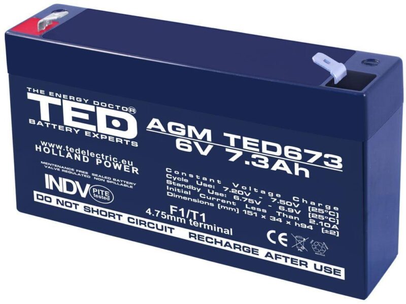 Acumulator AGM VRLA 6V 7.3Ah plumb acid 151x34x94 mm F1 terminal TED Battery Expert Holland TED002976