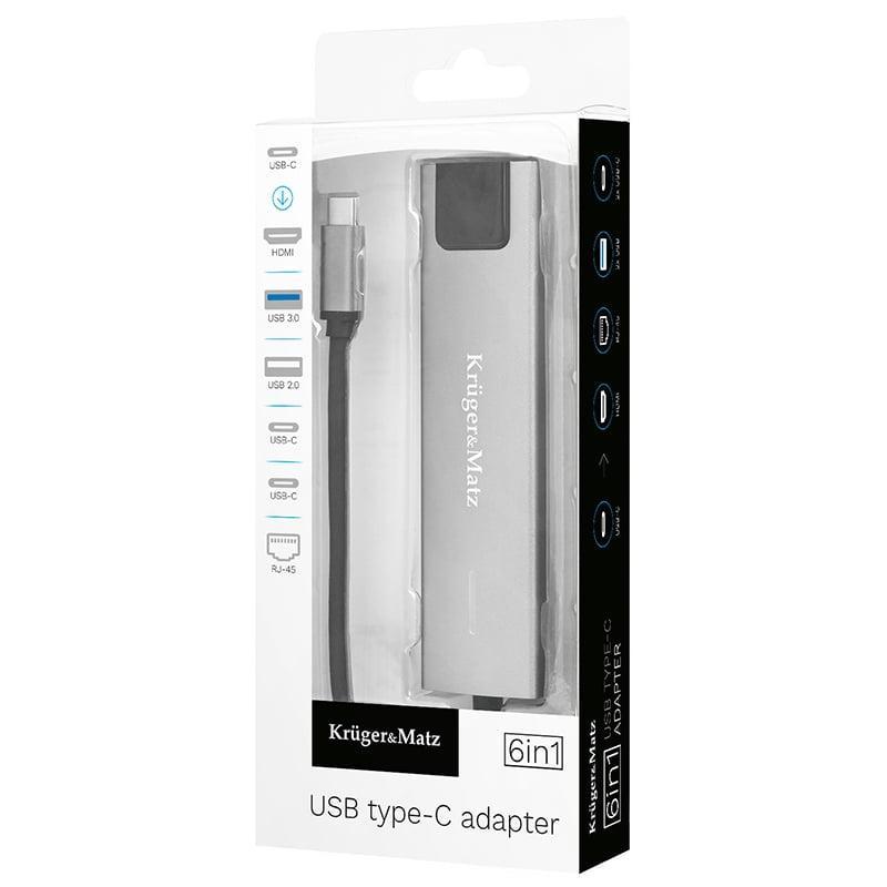 Hub 6in1 Usb Type C Hdmi V14 3840x2160px 30hz 2x Usb30 20 2x Usb Type C Rj45 Krugermatz