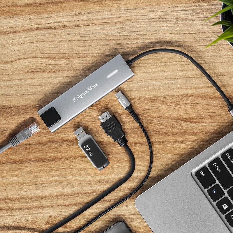 Hub 6in1 Usb Type C Hdmi V14 3840x2160px 30hz 2x Usb30 20 2x Usb Type C Rj45 Krugermatz