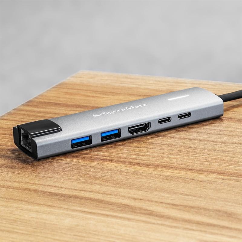 Hub 6in1 Usb Type C Hdmi V14 3840x2160px 30hz 2x Usb30 20 2x Usb Type C Rj45 Krugermatz