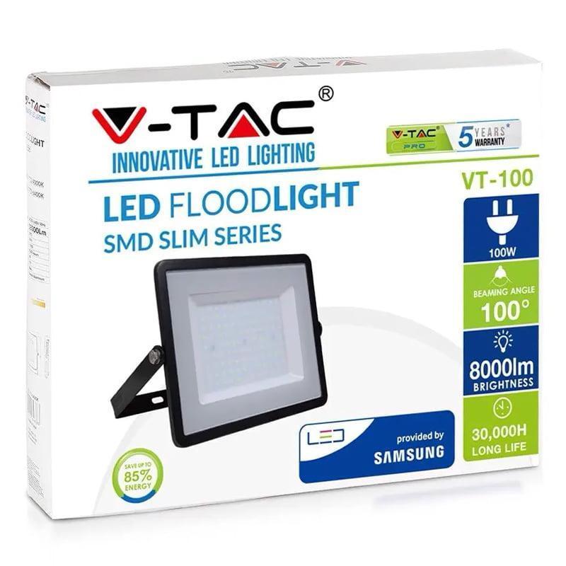 Reflector Led Smd 100w 8000lm 6400k Ip65 Negru Cu Cip Samsung V Tac Sku 414