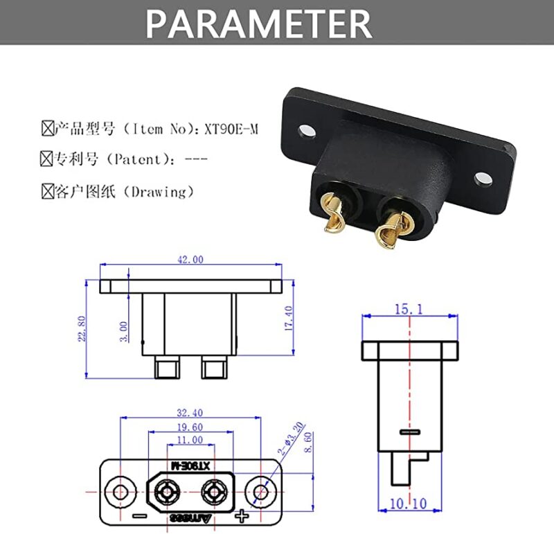 Soclu Alimentare Dc Xt90 Tata Pe Panou 2 Pini Lipire 30a 500v Negru Amass Xt90e M