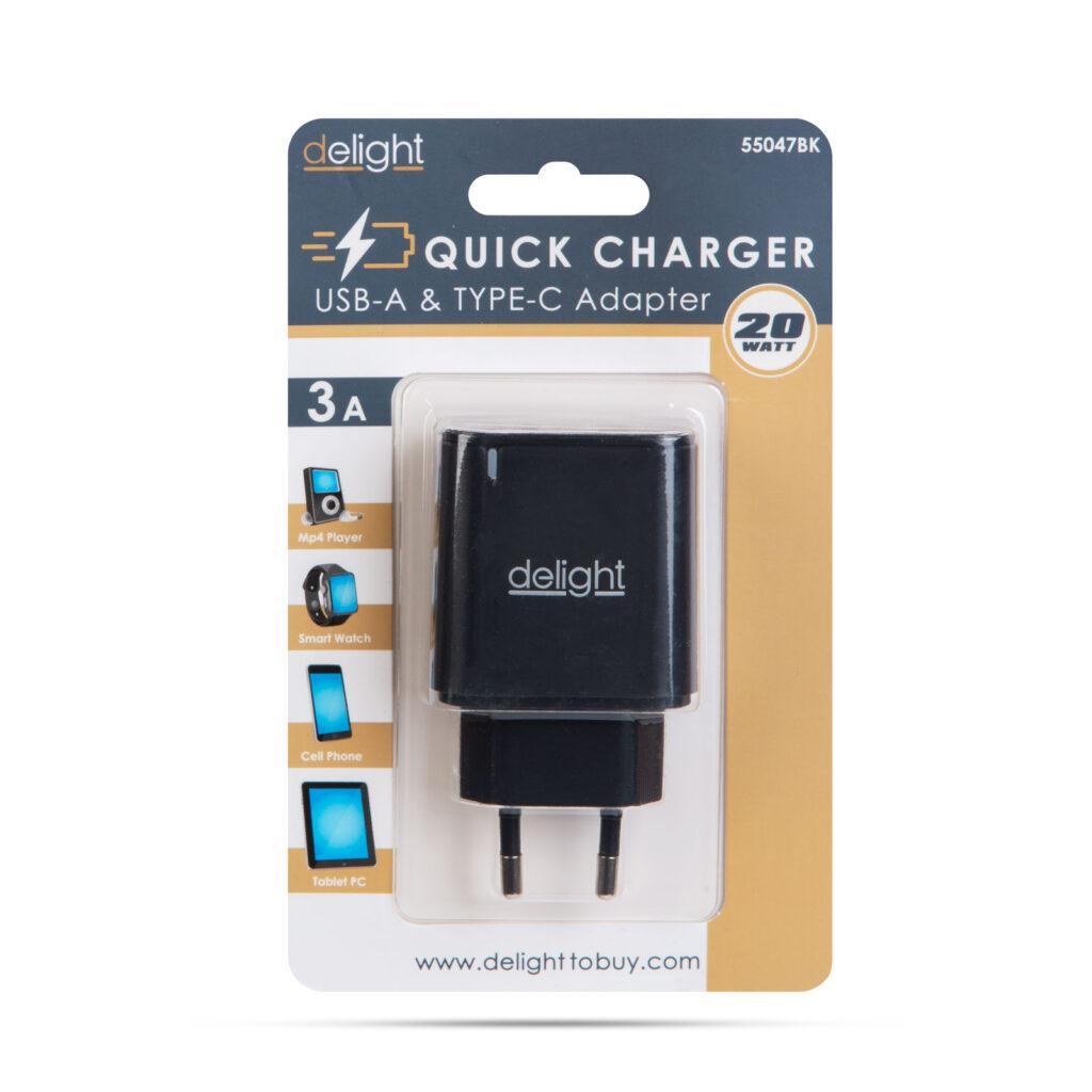Adaptor De Retea Usb Qc30 Usb Type C Pd 20w Cu Incarcare Rapida Negru Delight 55047bk