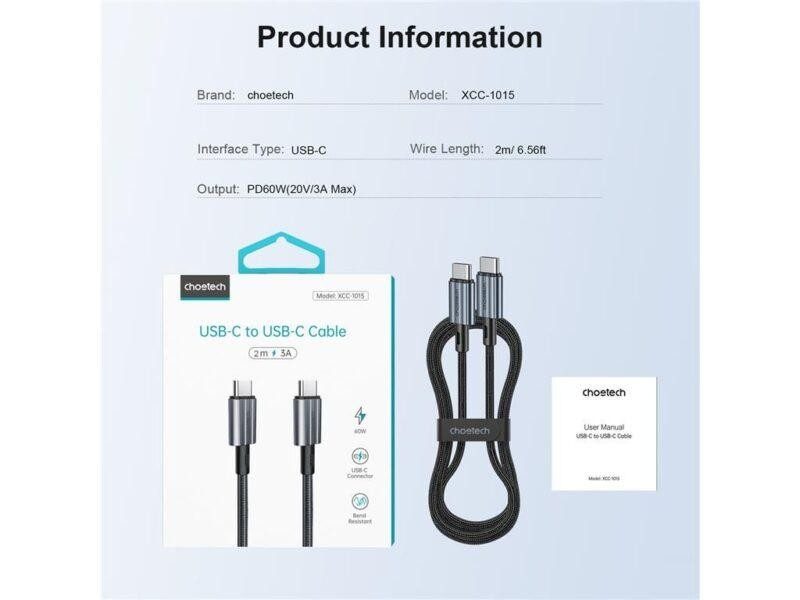Cablu Usb Type C Usb Type C Pd 60w 3a 2m Negru Textil Choetech Xcc 1015 Bk