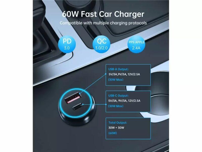 Incarcator Auto Choetech Tc0014 1x Usb Type C 1x Usb A Pd 60w Tc0014 Bk