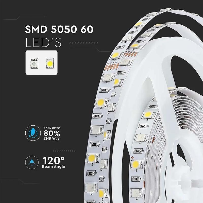 Banda led smd5050 60led m rgb alb rece 6500k 12v ip20 5m v tac sku 212159