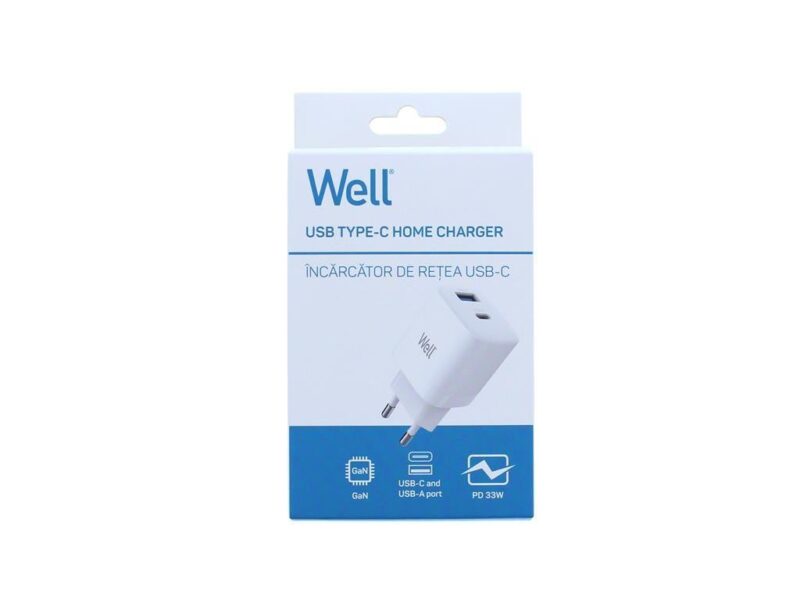 Incarcator Retea Usb Well Gan Usb Type C Pd30w Usb A 30w Pps 33w Alb